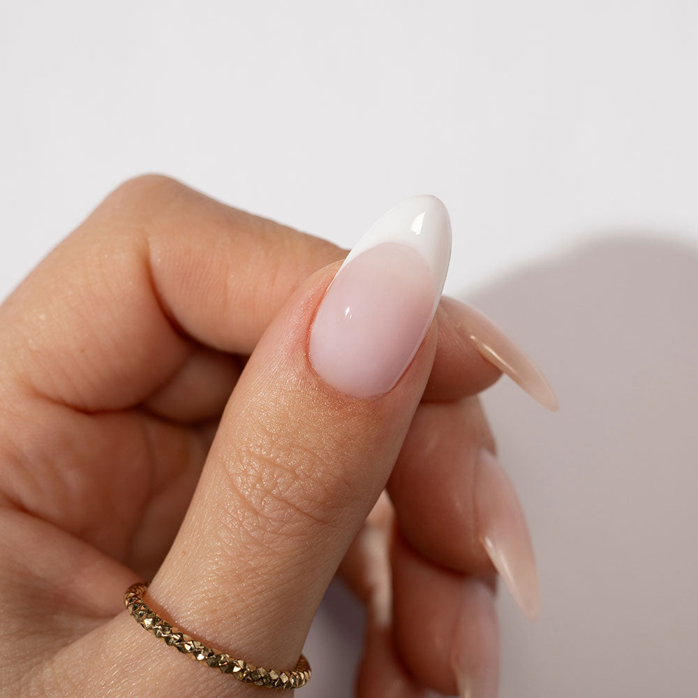 Gelous Ballet Builder in a Bottle (BIAB) gel nail polish French tip on model - photographed in Australia