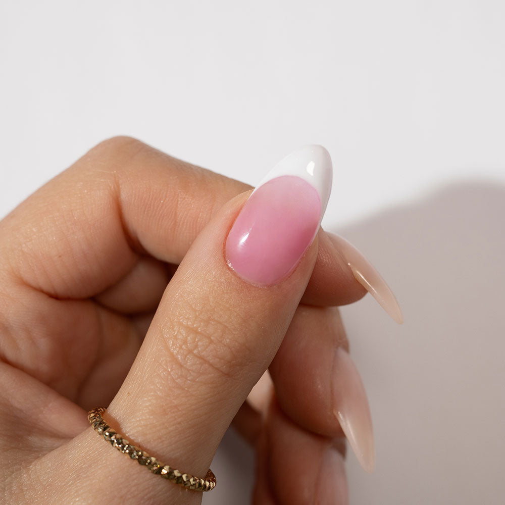 Gelous Lip Gloss Builder in a Bottle (BIAB) gel nail polish French tip on model - photographed in Australia