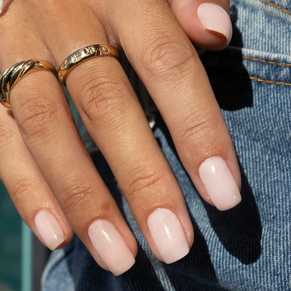 Gelous Milky Pink Builder in a Bottle (BIAB) gel nail polish on model - photographed in Australia