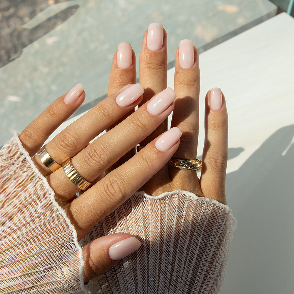Gelous Milky Pink Builder in a Bottle (BIAB) gel nail polish on model - photographed in Australia