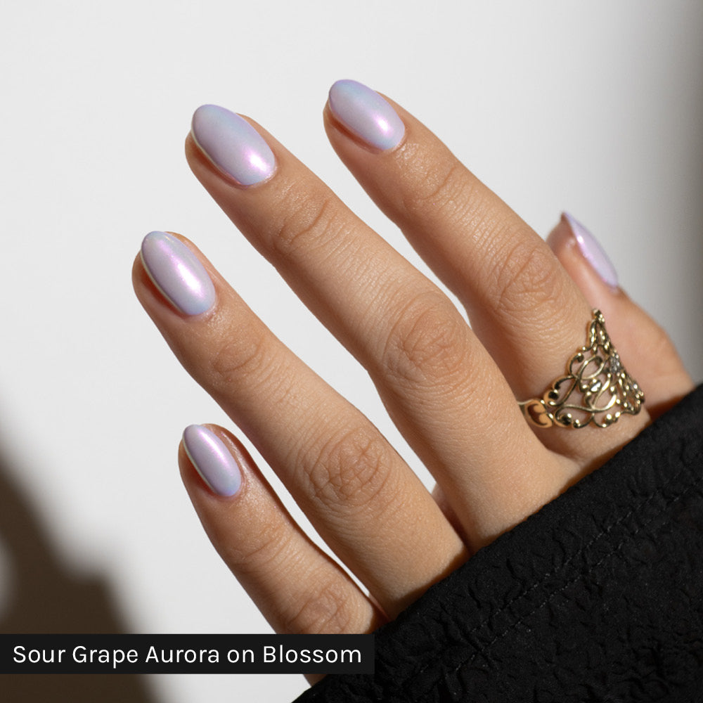 Gelous Sour Grape Aurora Chrome Powder on Blossom - photographed in Australia on model
