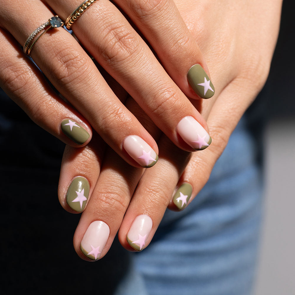 Gelous Juniper and Candy Shop gel nail polish with French tips and stars - photographed in Australia on model