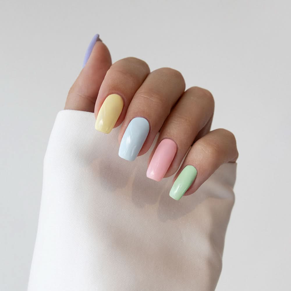 Gelous Strawberry Kisses, Lemon Sorbet, Baby Blues, Mint to Be & Wink My Way gel nail polish - photographed on model in Australia