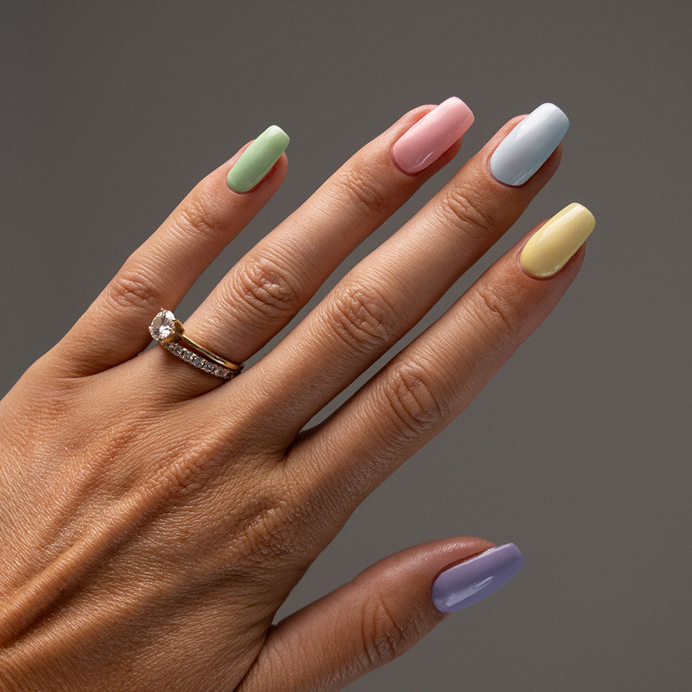 Gelous Strawberry Kisses, Lemon Sorbet, Baby Blues, Mint to Be & Wink My Way gel nail polish - photographed on model in Australia