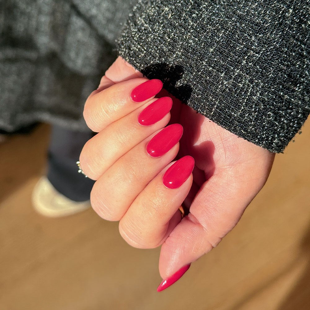 Gelous Raspberry HEMA & TPO Free gel nail polish - photographed in Australia on model