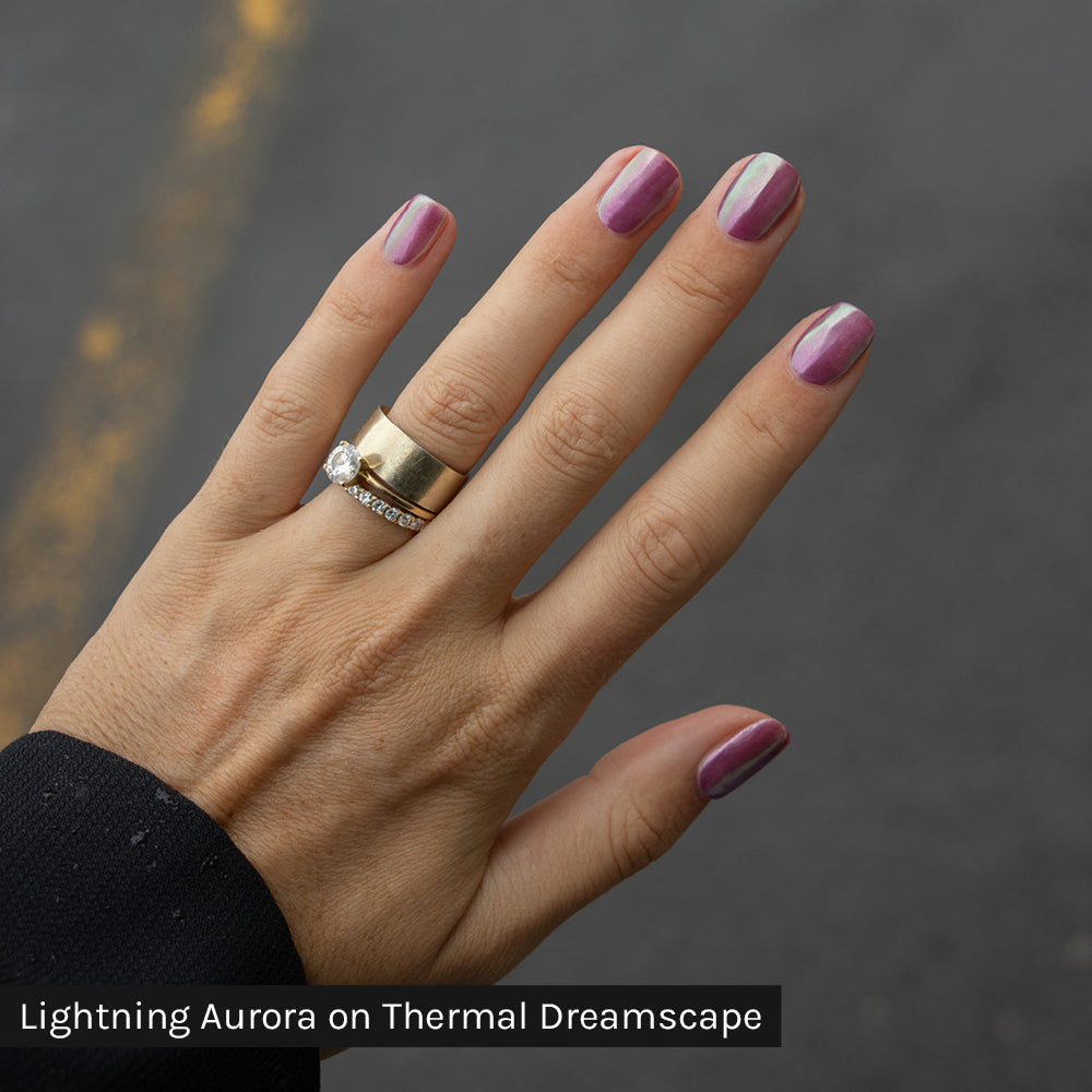 Gelous Lightning Aurora Chrome Powder on Thermal Dreamscape - photographed in Australia on model