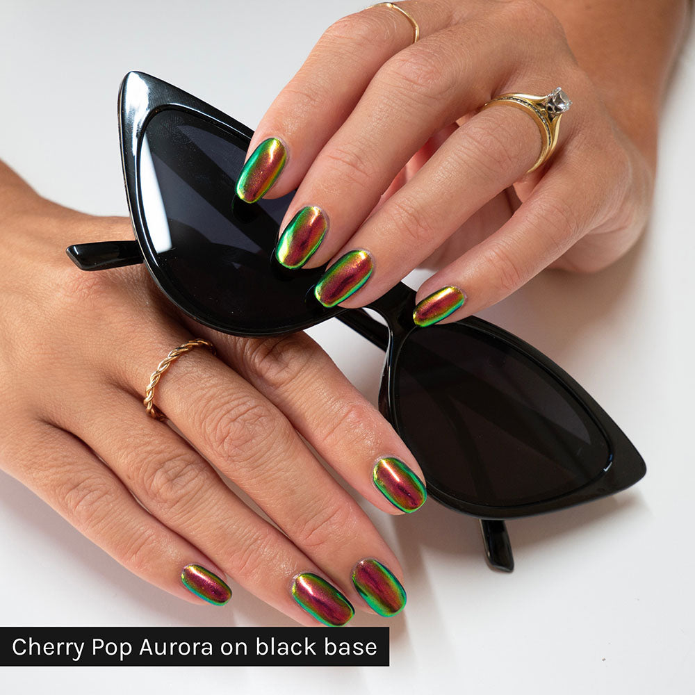 Gelous Cherry Pop Aurora Chrome Powder on Black Out - photographed in Australia on model