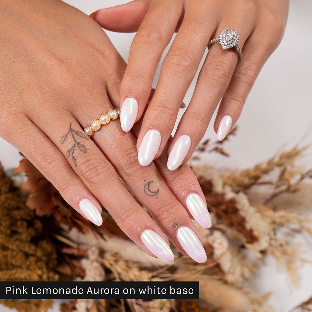 Gelous Pink Lemonade Aurora Chrome Powder on Just White - photographed in Australia on model
