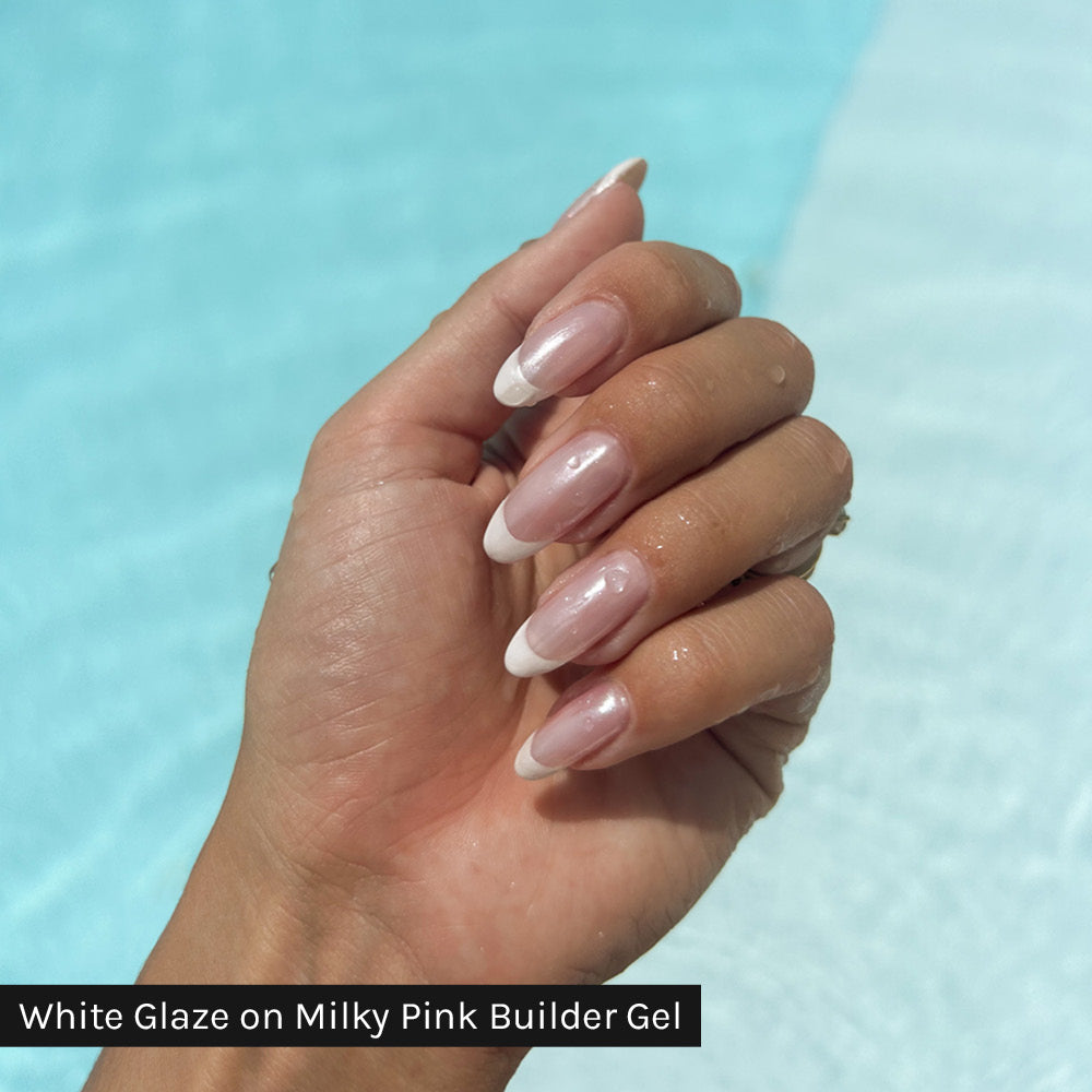 Gelous White Glaze Chrome Powder on Milky Pink Builder Gel - photographed in Australia on model