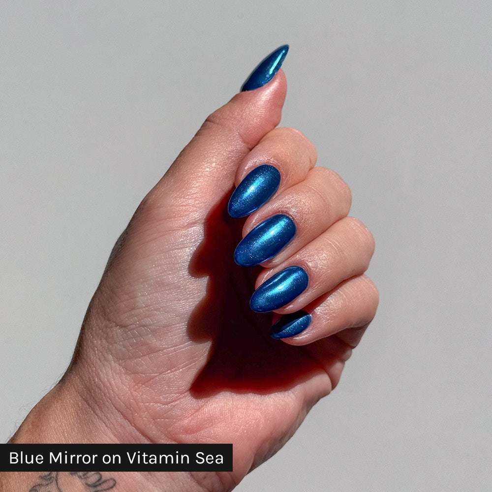 Gelous Blue Mirror Chrome Powder Swatch on Vitamin Sea - photographed in Australia on model