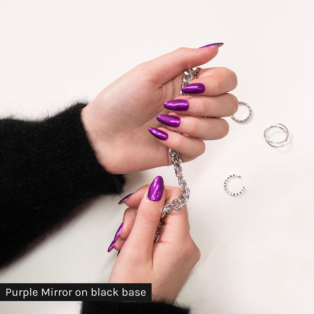 Gelous Purple Mirror Chrome Powder on Just White - photographed in Australia on model