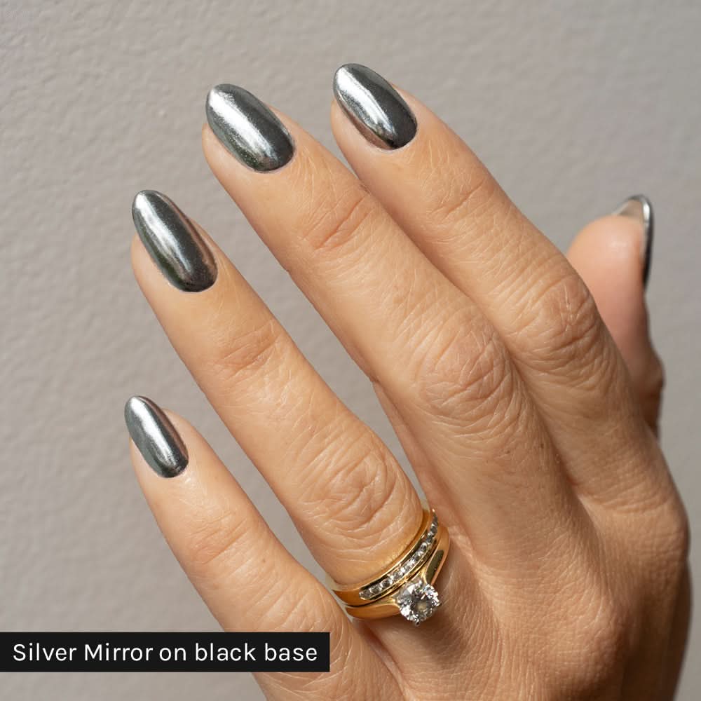 Gelous Silver Mirror Chrome Powder on black base - photographed in Australia on model