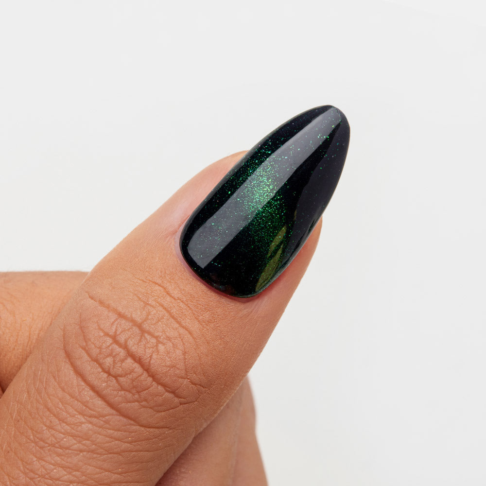 Gelous Fantasy Green Fairy gel nail polish swatch on Black Out - photographed in Australia