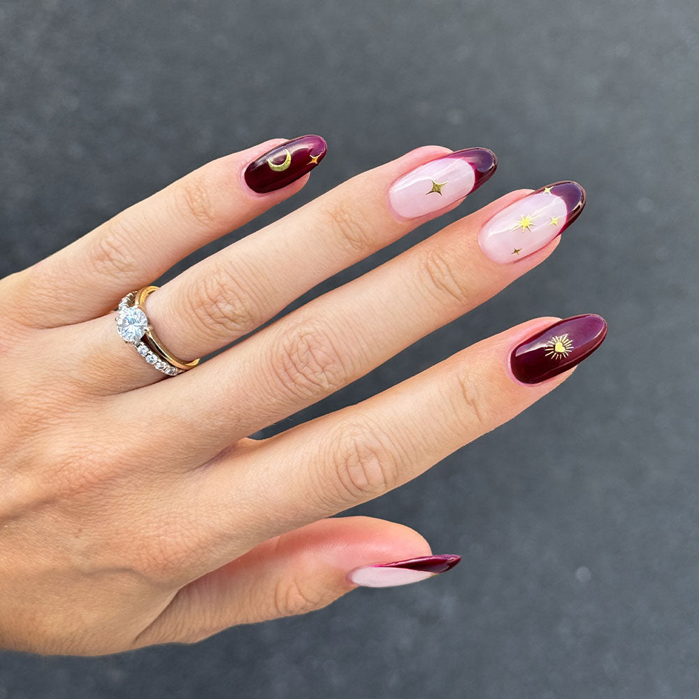 Gelous Gold Celestial Nail Art Stickers product photo - photographed in Australia on model
