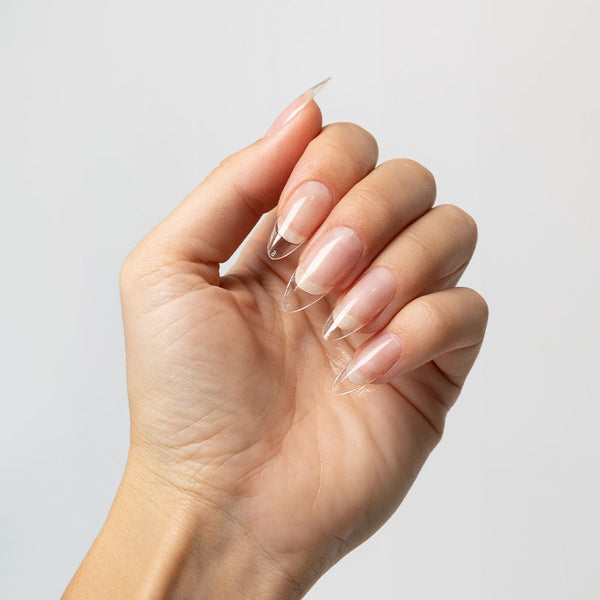 Nails after applying Gelous Nail Tips with Clear Rubber Base Coat - photographed in Australia on model