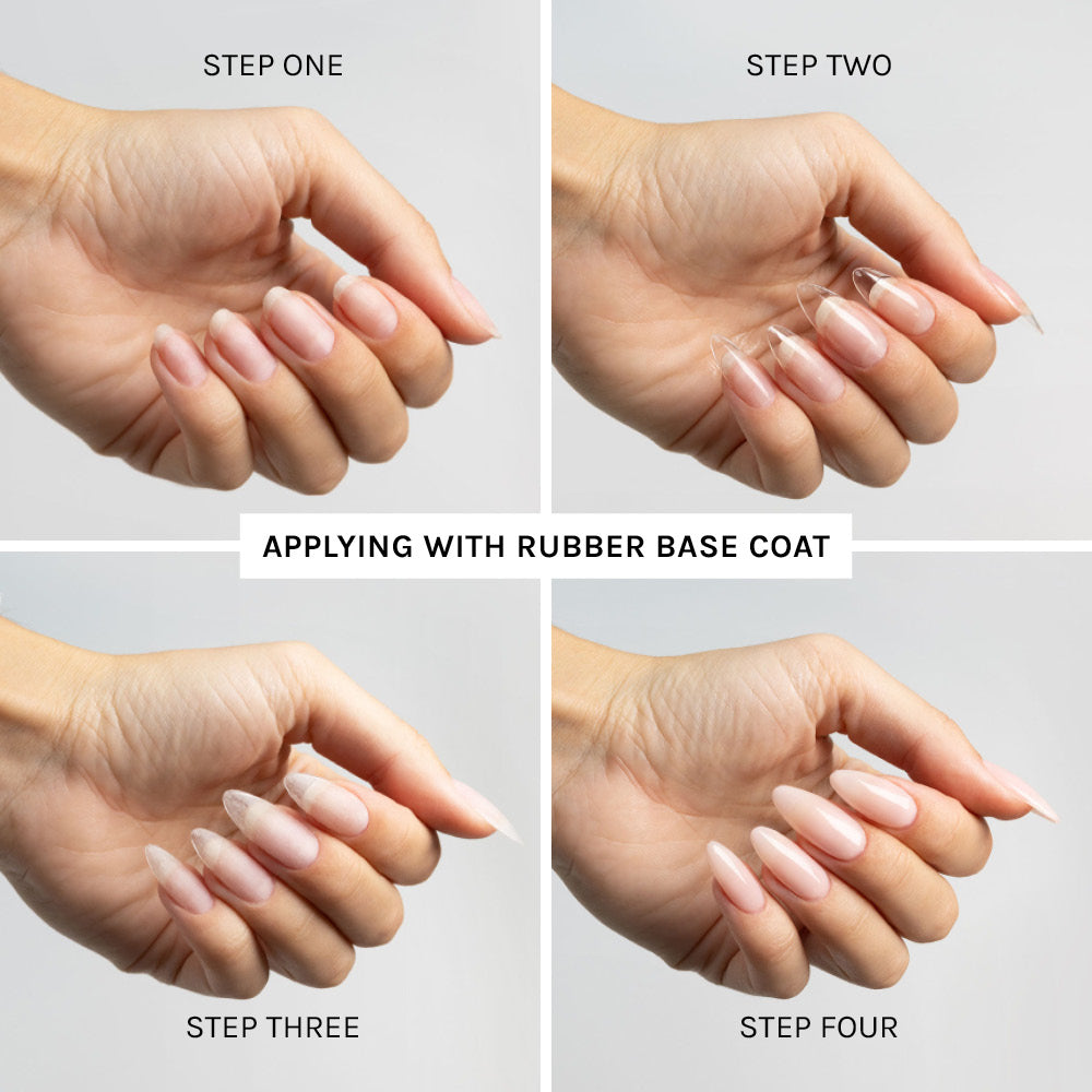 Step-by-step process applying Nail Tips with Rubber Base Coat - photographed in Australia
