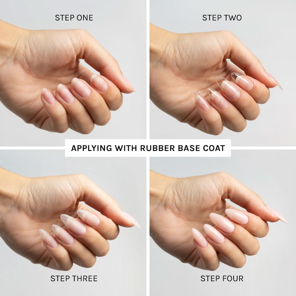 Step-by-step process applying Nail Tips with Rubber Base Coat - photographed in Australia