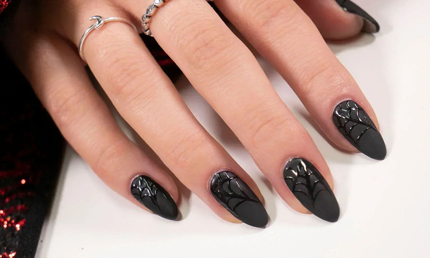 Gelous Halloween Subtle Cobwebs gel nail art - photographed in Australia on model