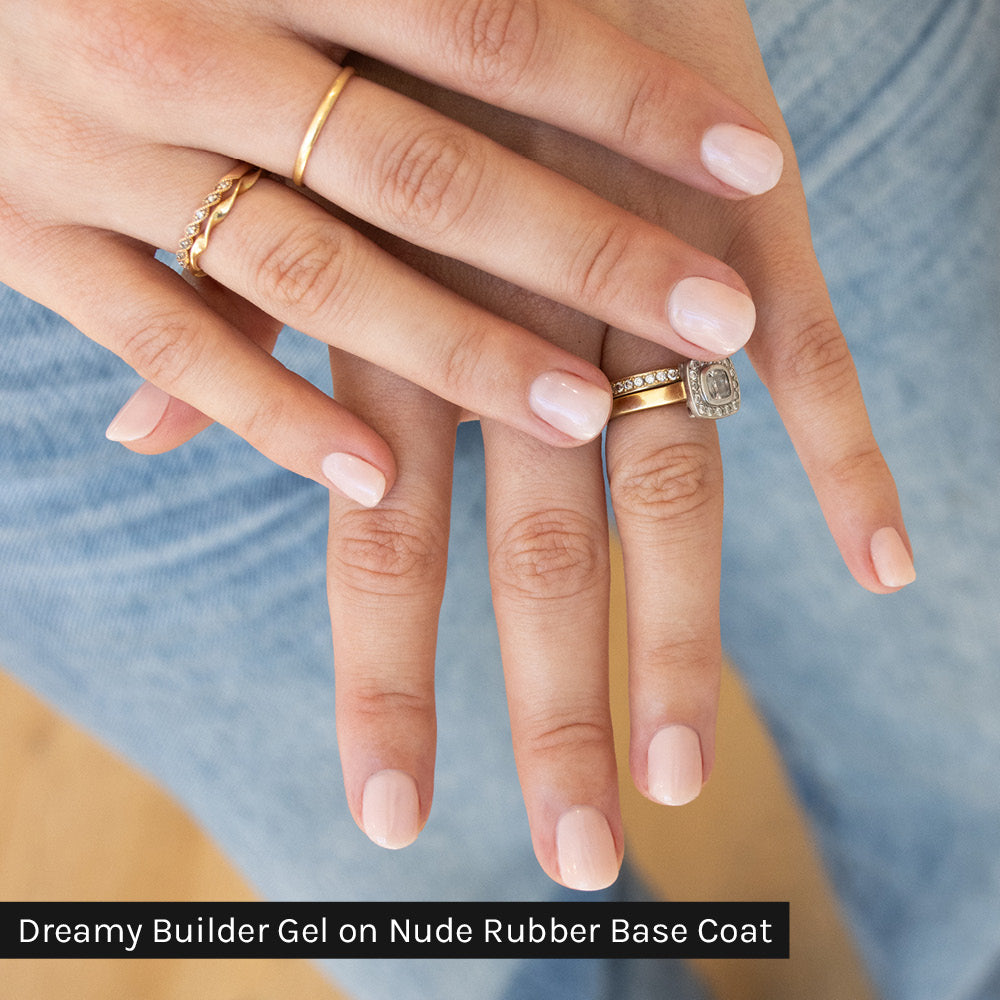 Gelous Dreamy Builder in a Bottle (BIAB) on Nude Rubber Base Coat gel nail polish on model - photographed in Australia