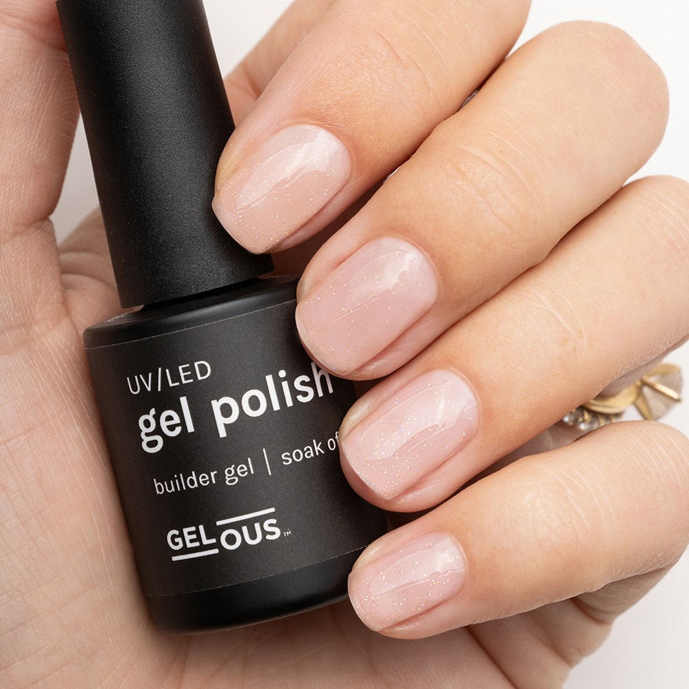 Gelous Rainbow Glitter Builder in a Bottle (BIAB) gel nail polish on model - photographed in Australia