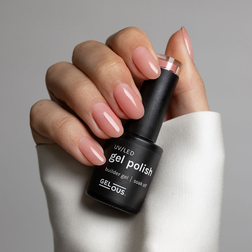 Gelous Rosy Builder in a Bottle (BIAB) gel nail polish on model - photographed in Australia