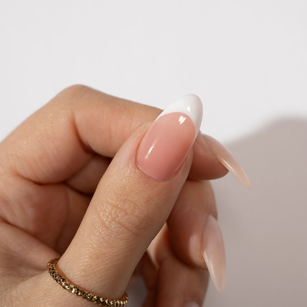 Gelous Rosy Builder in a Bottle (BIAB) gel nail polish French Tip on model - photographed in Australia