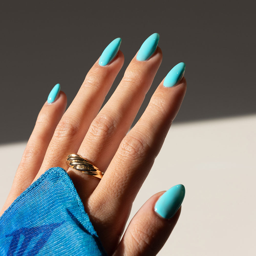 Gelous Blue Spring gel nail polish - photographed in New Zealand on model