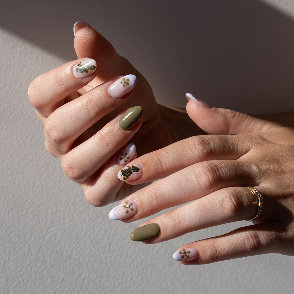 Gelous Juniper and Bouquet gel nail polish with French tips, flowers and Gold Leaf - photographed in Australia on model
