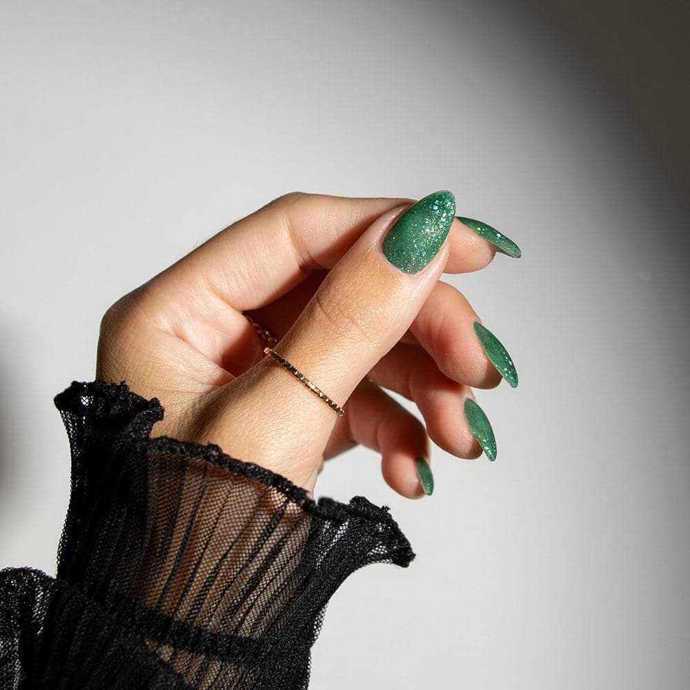 Gelous Green Tinsel gel nail polish - photographed in Australia on model