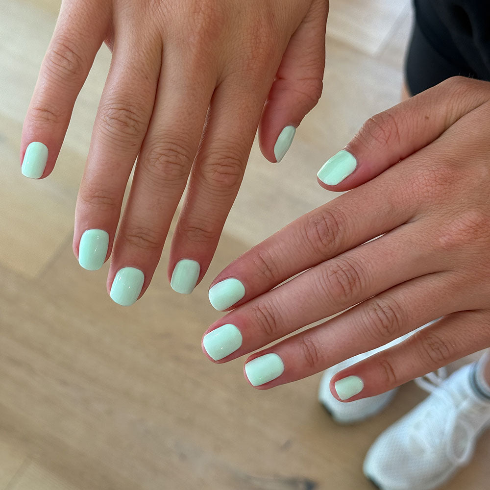 Gelous Serene Green gel nail polish - photographed in Australia on model