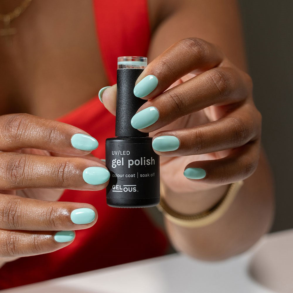 Gelous Tiffany Blues HEMA & TPO Free gel nail polish swatch - photographed in Australia on model