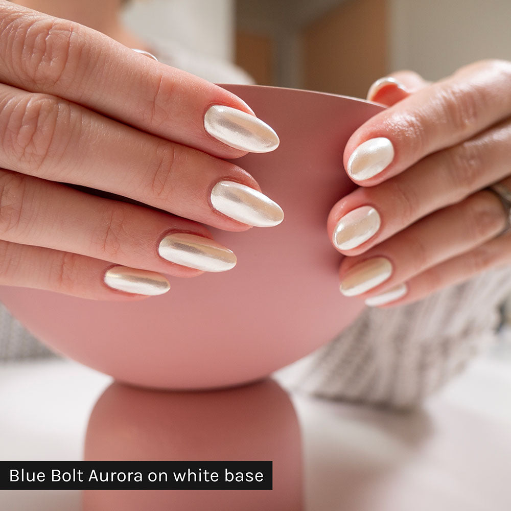 Gelous Blue Bolt Aurora Chrome Powder on Just White - photographed in Australia on model