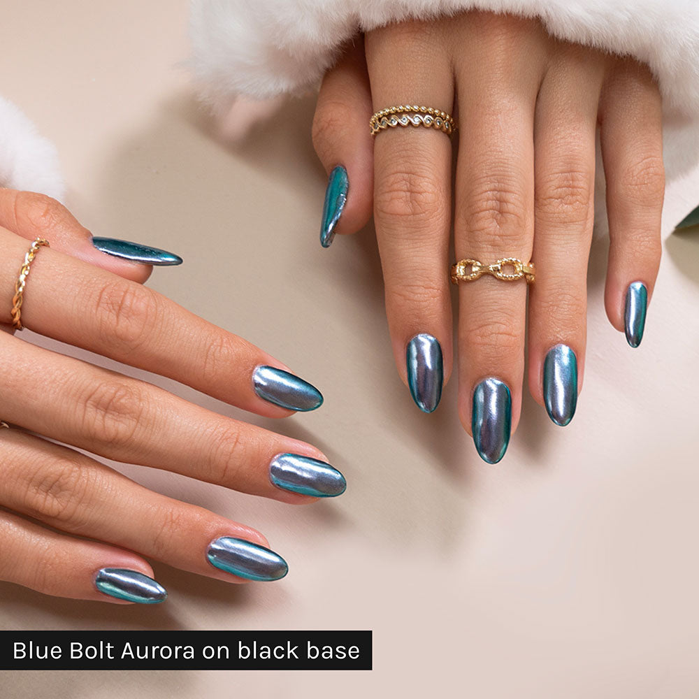 Gelous Blue Bolt Aurora Chrome Powder on Black Out - photographed in Australia on model