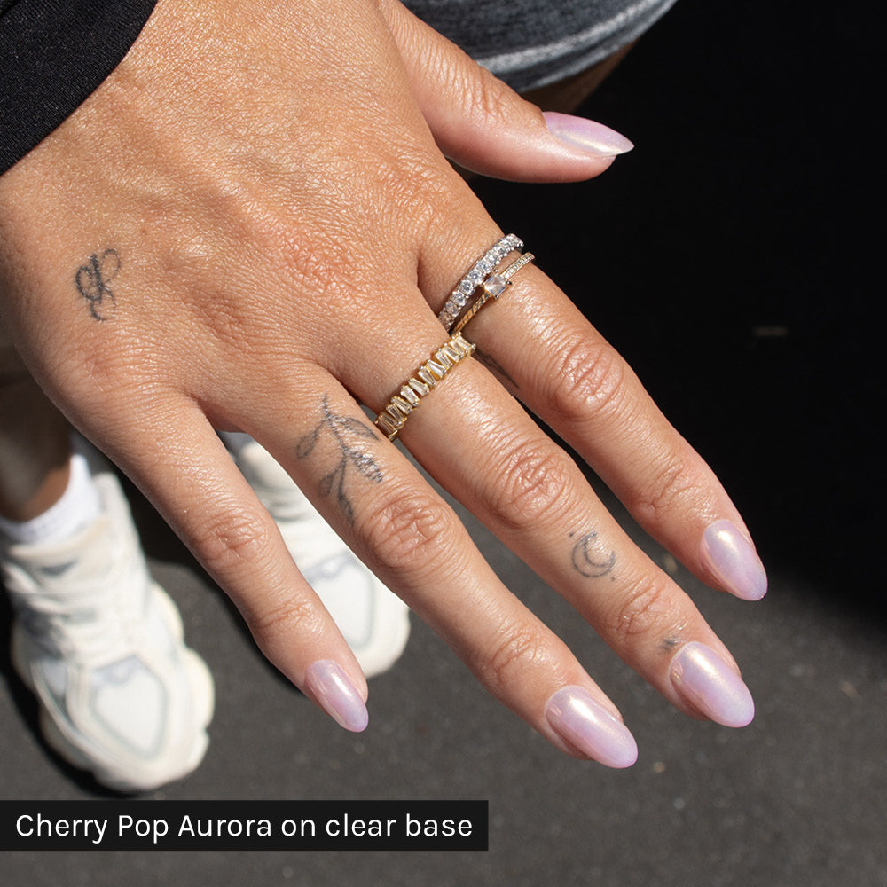 Gelous Cherry Pop Aurora Chrome Powder - photographed in Australia on model