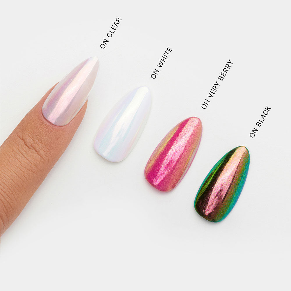 Gelous Cherry Pop Aurora Chrome Powder swatch - photographed in Australia