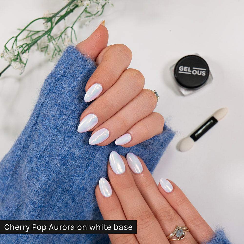 Gelous Cherry Pop Aurora Chrome Powder on Just White - photographed in Australia on model
