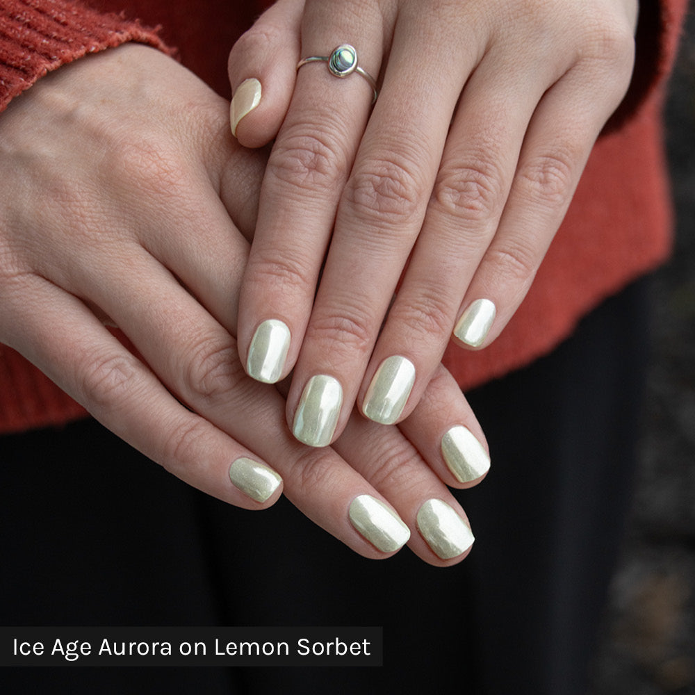 Gelous Ice Age Aurora Chrome Powder on Lemon Sorbet - photographed in Australia on model