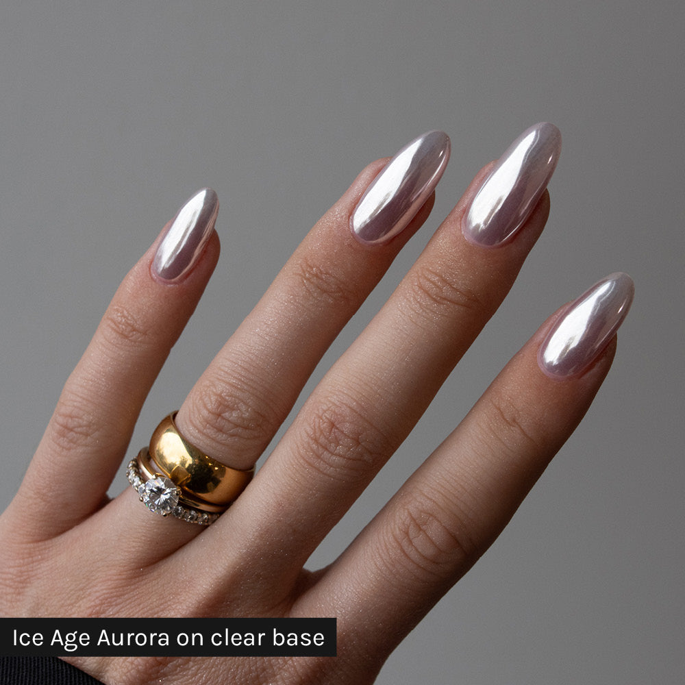 Gelous Ice Age Aurora Chrome Powder on clear base - photographed in Australia on model