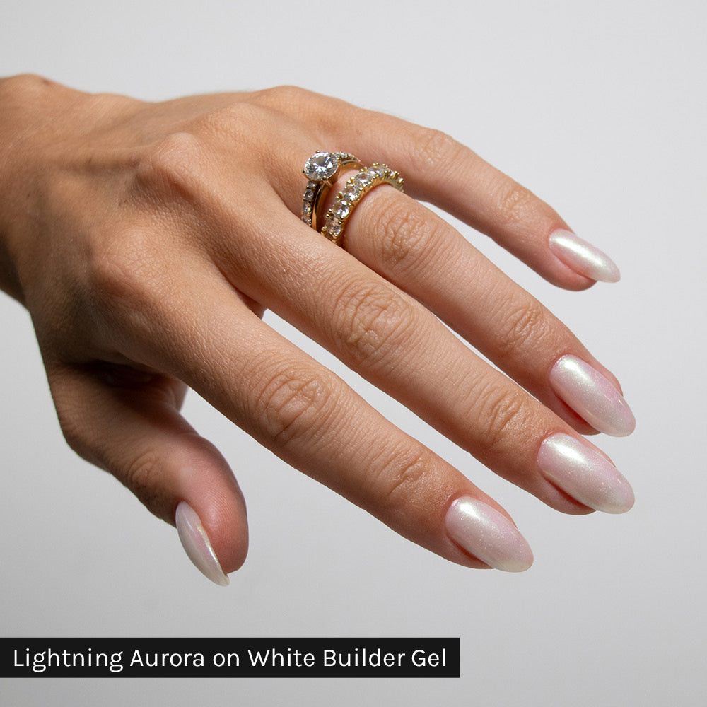 Gelous Lightning Aurora Chrome Powder on White Builder Gel - photographed in Australia on model