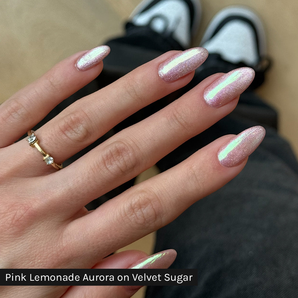 Gelous Pink Lemonade Aurora Chrome Powder on Velvet Sugar - photographed in Australia on model