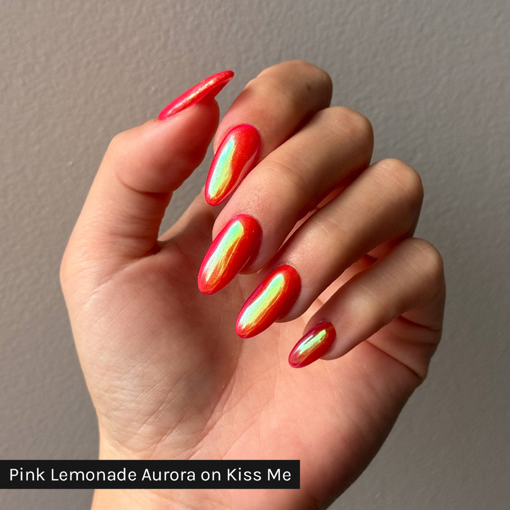 Gelous Pink Lemonade Aurora Chrome Powder on Kiss Me - photographed in Australia on model