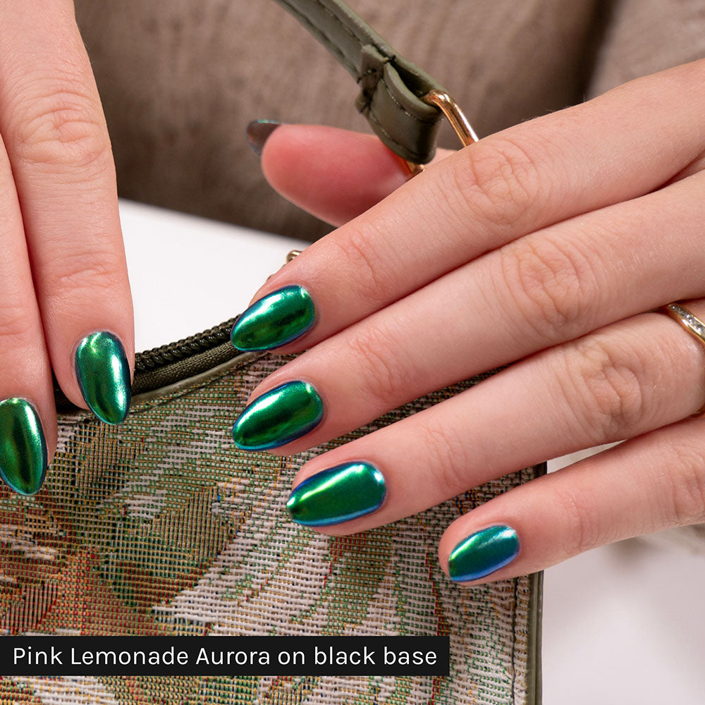 Gelous Pink Lemonade Aurora Chrome Powder on Black Out - photographed in Australia on model