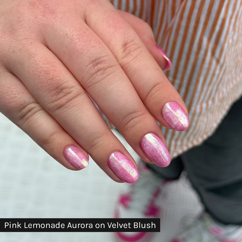 Gelous Pink Lemonade Aurora Chrome Powder on Velvet Blush - photographed in Australia on model