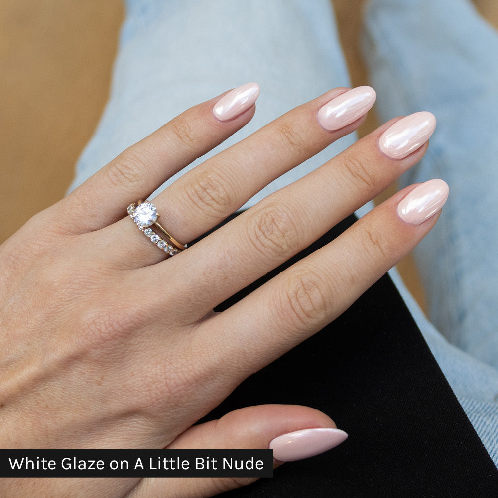 Gelous White Glaze Chrome Powder on A Little Bit Nude gel nail polish - photographed in Australia on model