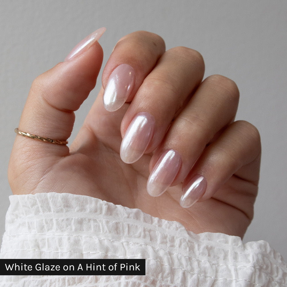 Gelous White Glaze Chrome Powder on A Hint of Pink Gel Nail Polish - photographed in Australia on model