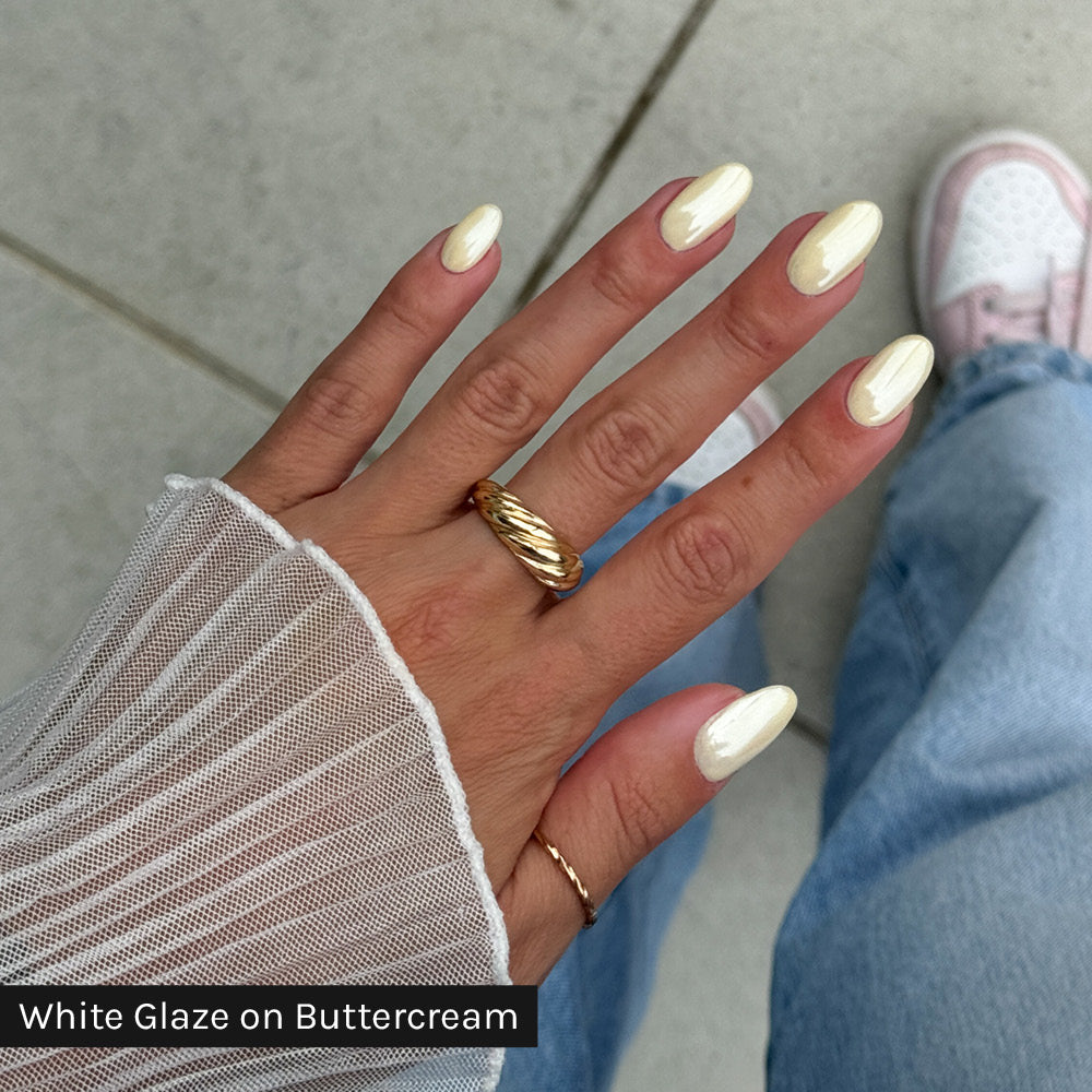 Gelous White Glaze Chrome Powder on A Hint of Pink Gel Nail Polish - photographed in Australia on model