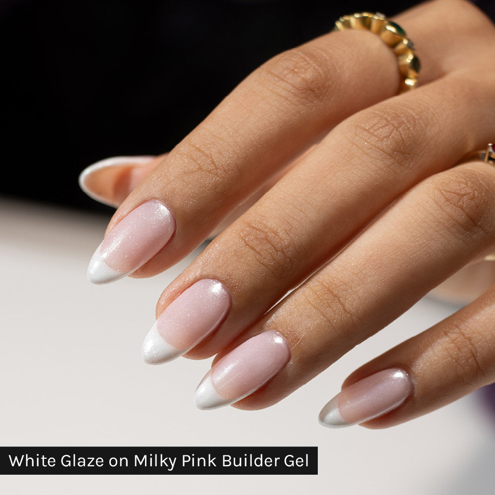 Gelous White Glaze Chrome Powder on Milky Pink Builder Gel - photographed in Australia on model