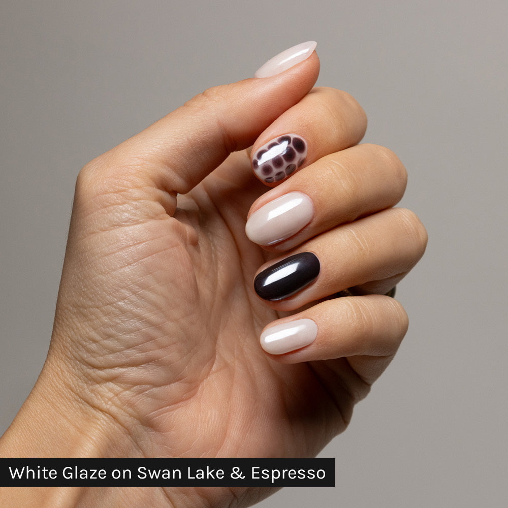 Gelous White Glaze Chrome Powder on Swan Lake and Espresso Gel Nail Polish - photographed in Australia on model