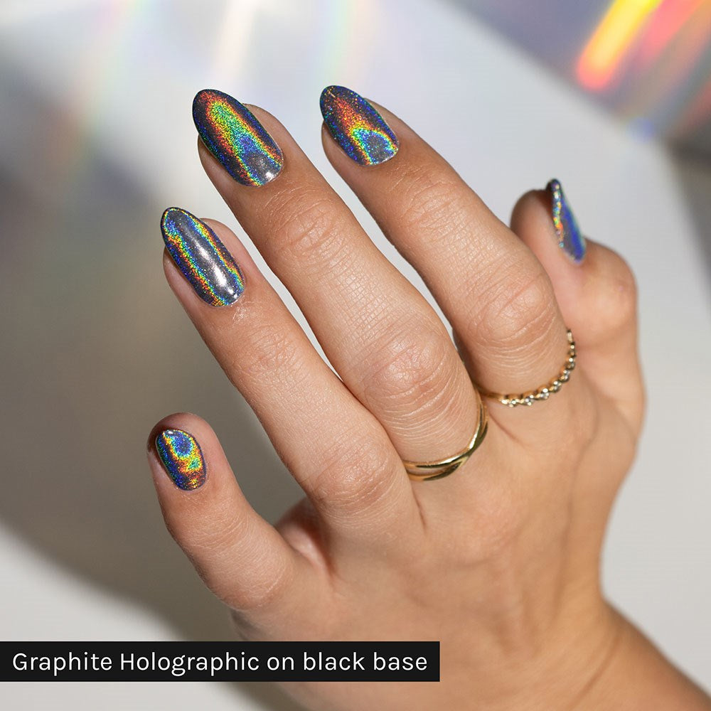 Gelous Graphite Holographic Chrome Powder - photographed in Australia on model