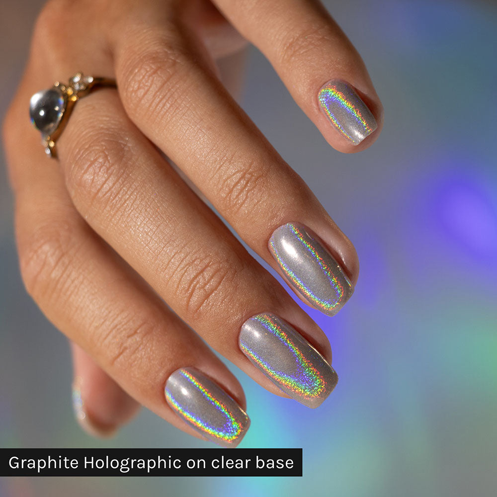 Gelous Graphite Holographic Chrome Powder - photographed in Australia on model